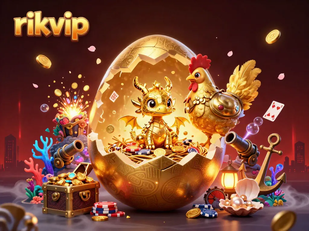 Engage in thrilling gameplay at rikvip, featuring a vibrant scene with a golden dragon and poker chip nest.