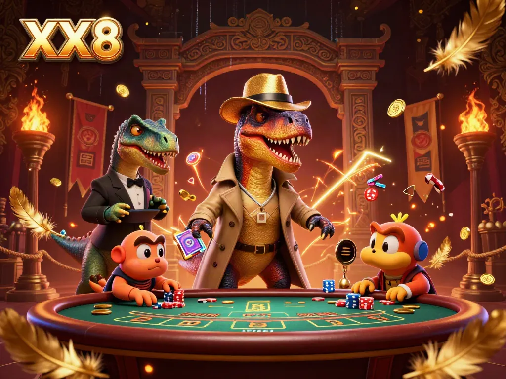 Experience the thrilling world of XX8 with a velociraptor at the blackjack table.