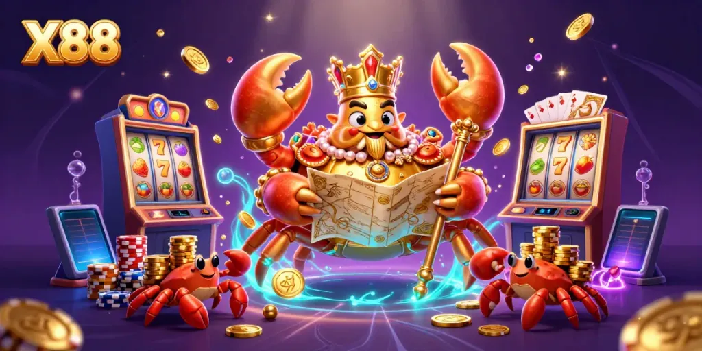 Experience high-energy gaming with X88's vibrant casino art featuring slots and poker elements.