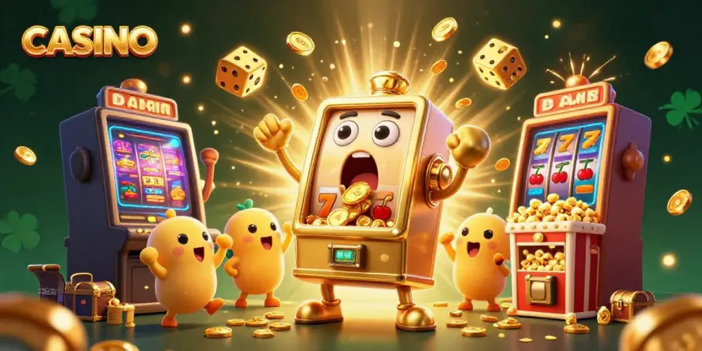 Dynamic casino scene with a golden slot machine celebrating a jackpot, surrounded by cheering baby slots and golden coins.