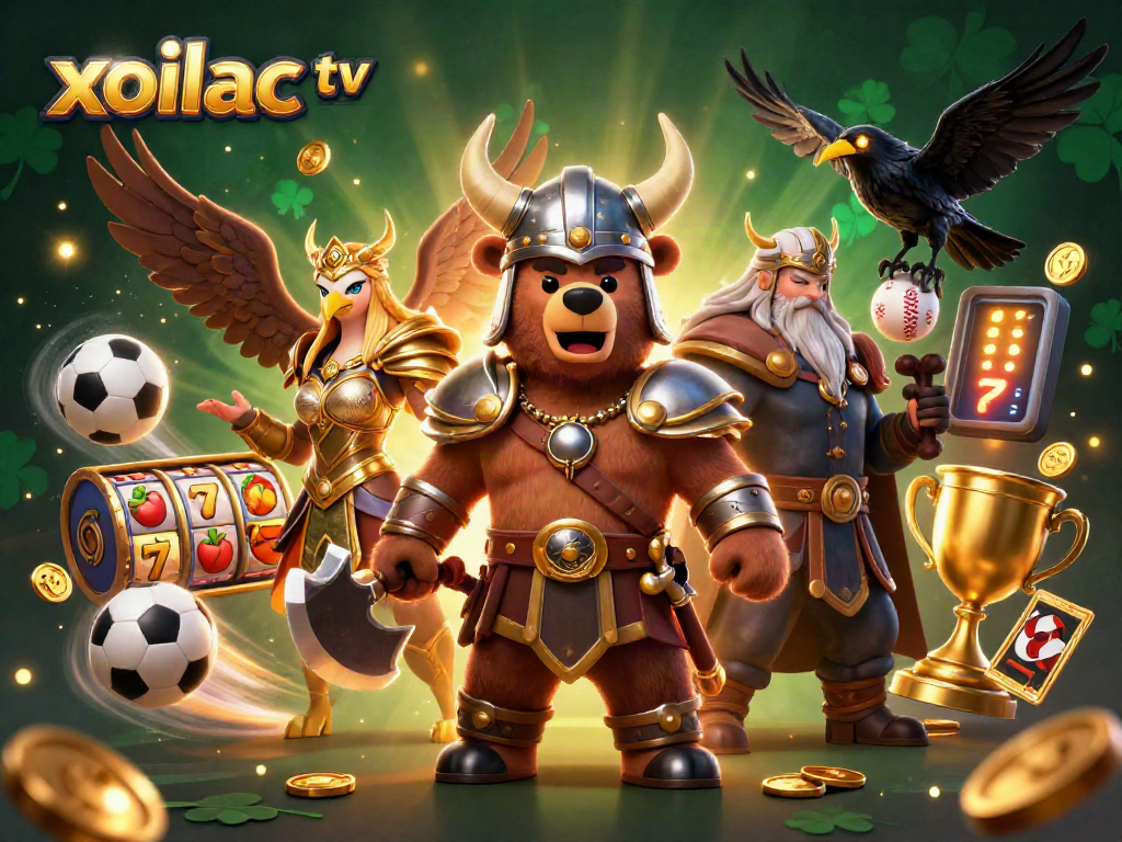 Immerse in xoilac tv's thrilling illustration with a Viking bear, Valkyrie eagle, and dynamic gaming action.