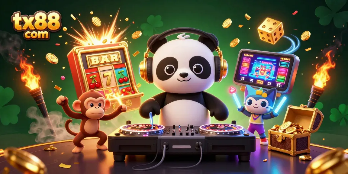 Experience the vibrant energy of tx88 com with a lively 3D casino illustration showing a DJ panda, breakdancing monkey, and glowing kitten.