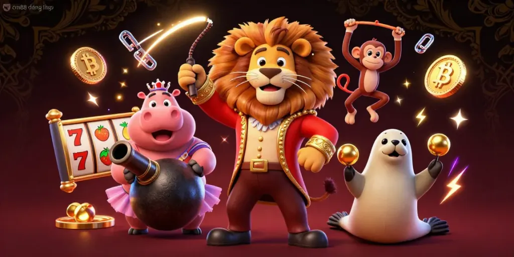 Experience cm88 đăng nhập with vibrant casino elements as animated characters engage in gambling fun.