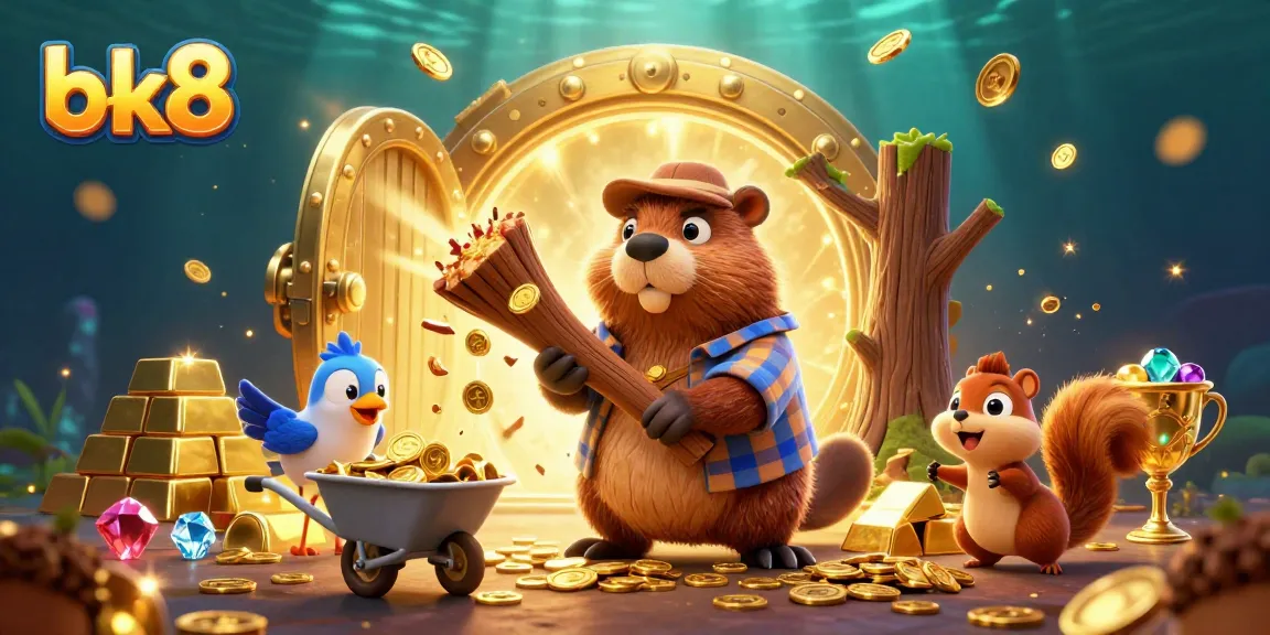 Spin for gold at bk8 with a vibrant scene of characters collecting treasure in a whimsical casino world