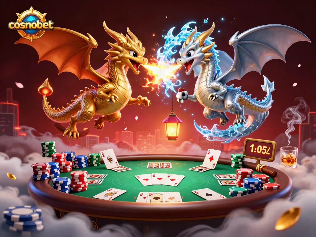 Engage with cosmobet's thrilling area featuring 3D intertwined dragons and a vibrant poker scene.
