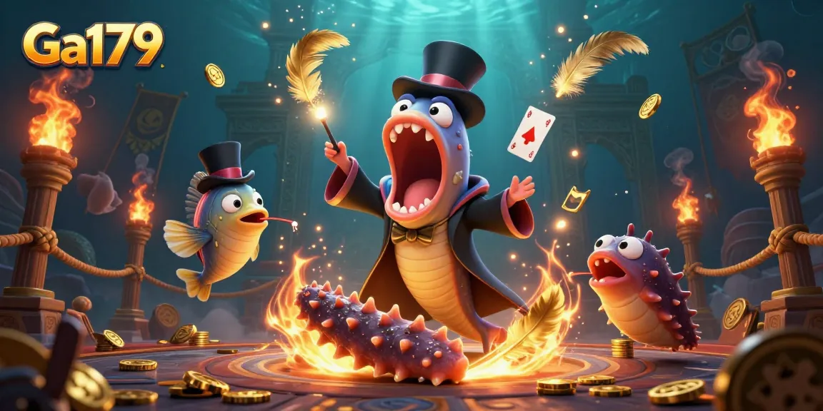 Experience Ga179's thrilling underwater casino with vibrant characters and dynamic action in a magical scene.