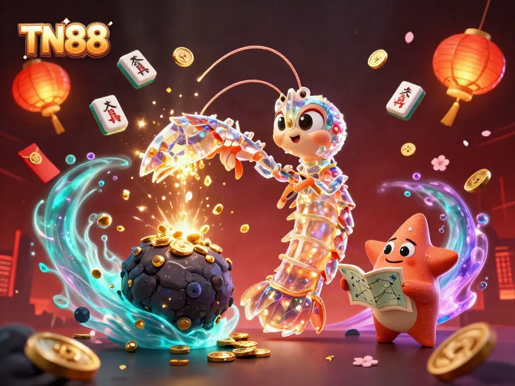Engage in gameplay at TN88 with a dynamic illustration of a galactic samurai mantis shrimp amidst casino elements.