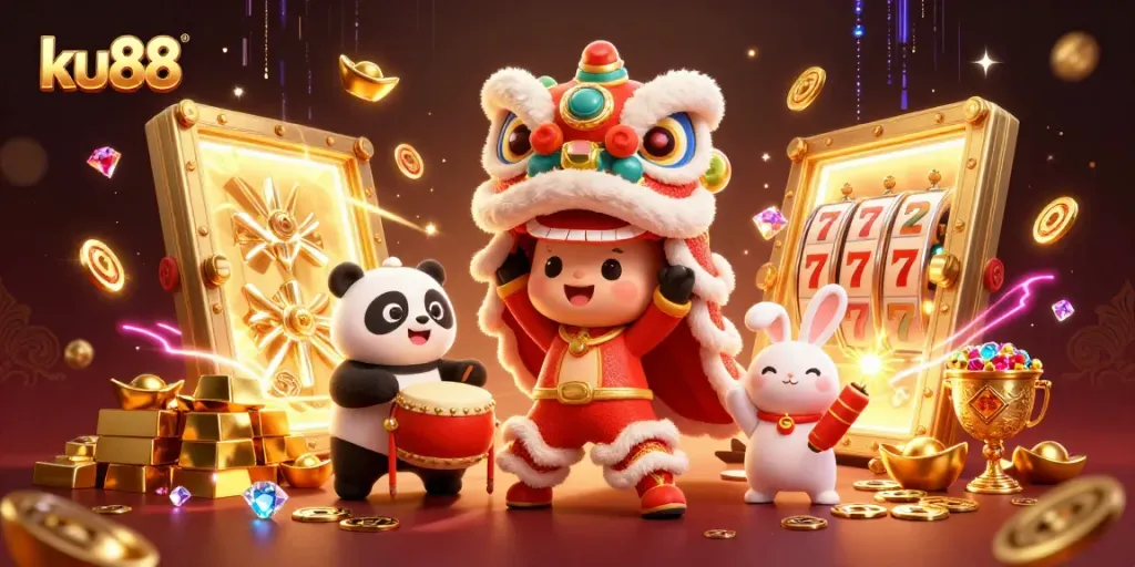Experience winning excitement at ku88 with a vibrant 3D casino-themed illustration featuring dynamic characters.