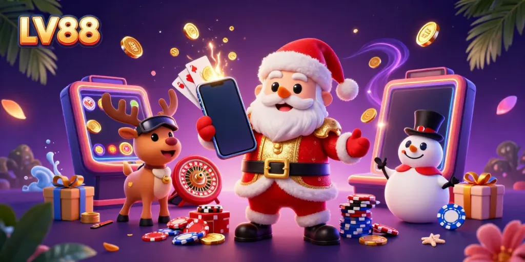 Win big at LV88 with this vibrant 3D casino illustration featuring Santa enjoying jackpot slots and festive gameplay.