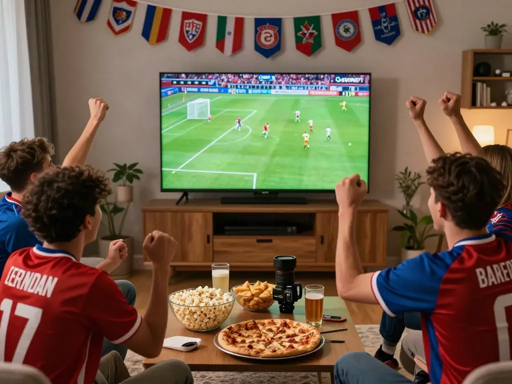 Friends enjoying a live football match on Gavangtv in a lively home atmosphere.