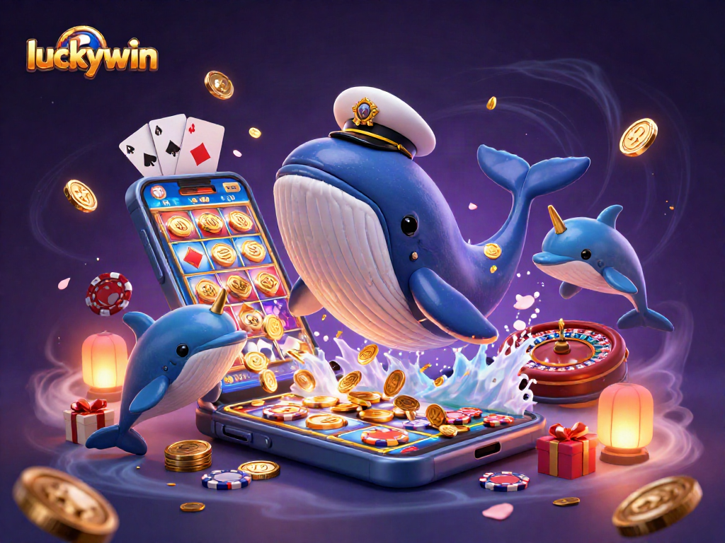 Experience luckywin as a giant whale engages in thrilling play among coins and poker chips.