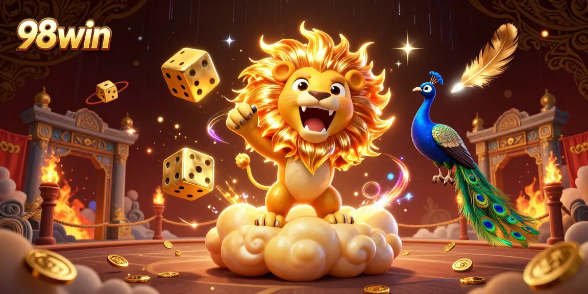 Experience the thrill of 98win with the dazzling sun lion, golden dice, and vibrant casino elements.