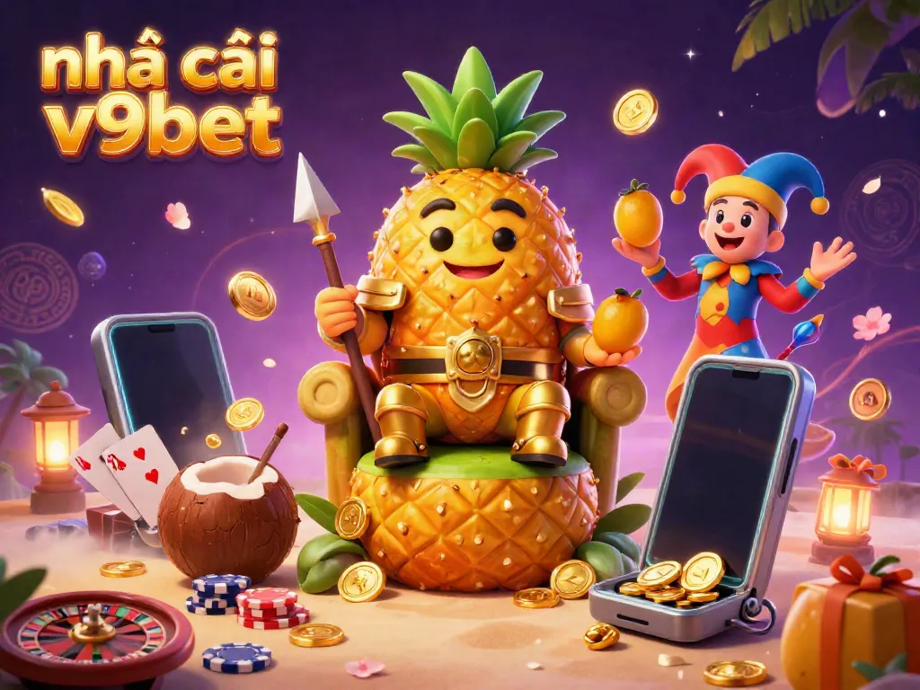 Experience the vibrant gaming atmosphere at nhà cái v9bet featuring the golden pineapple king and festive game elements.