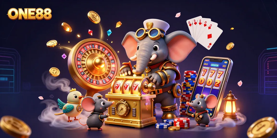 Experience the excitement of ONE88 with a steampunk elephant engineer at a vibrant casino scene, dynamic elements flying.
