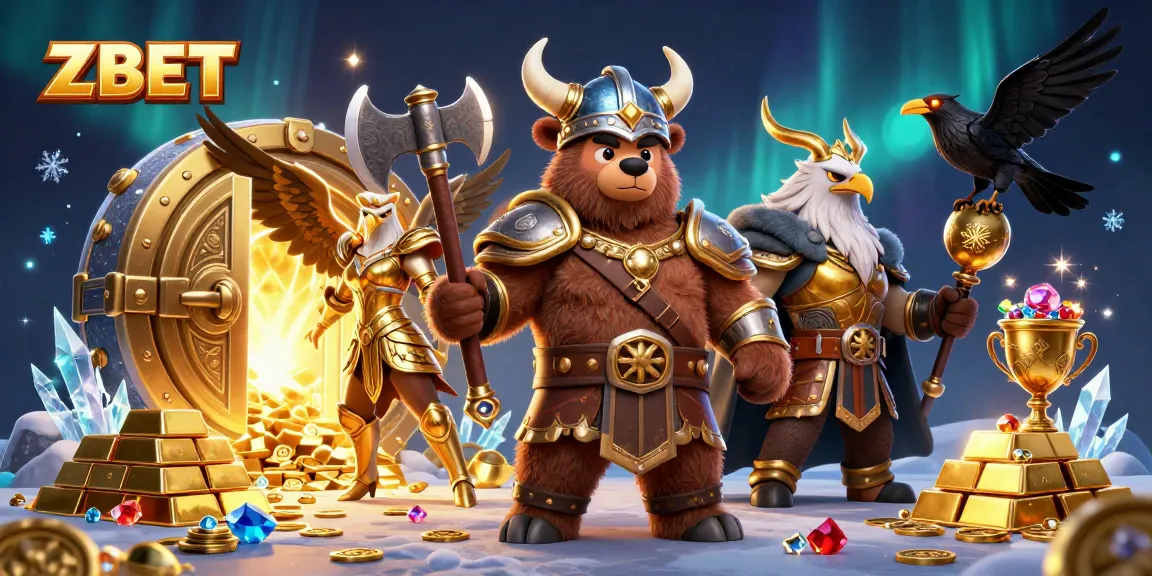 ZBET brings thrilling gaming action with a Viking berserker and Valkyrie, surrounded by treasures.