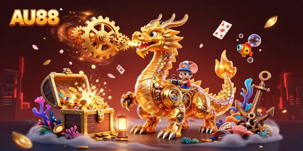 Engage with AU88's vibrant 3D casino adventure featuring a golden dragon, treasures, and exciting game elements.