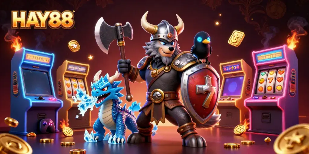 Experience HAY88 with a dynamic 3D illustration of a Viking warrior, dragon, and gaming elements.