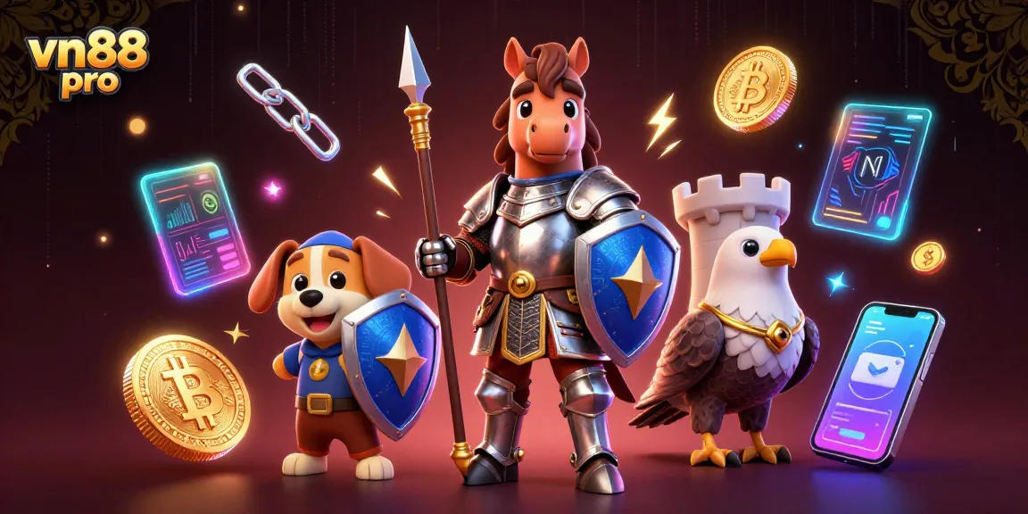Engage with the vibrant gaming action in vn88 pro featuring a knight, puppy, and falcon amidst a digital casino world.