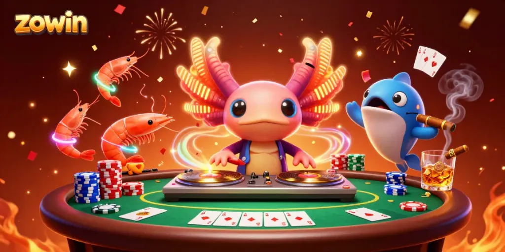 Experience the vibrant world of Zowin with a neon axolotl DJ and lively casino atmosphere.