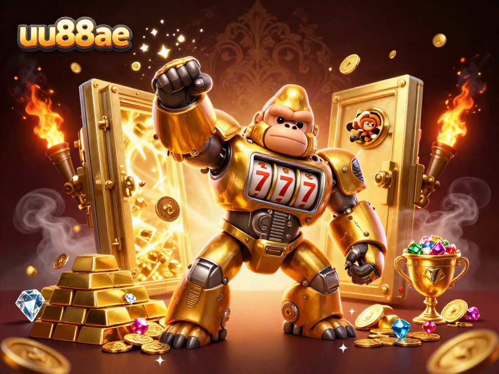 Experience excitement at uu88ae with a golden gorilla mech and treasure vault in a vibrant casino scene.