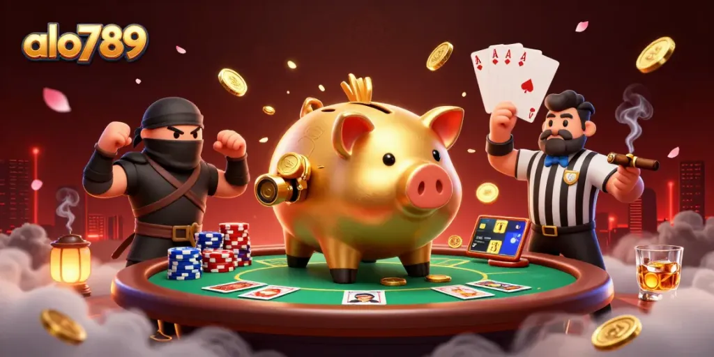 Engage with alo789's thrilling casino action, featuring a dynamic scene of a sumo wrestler and playful characters.