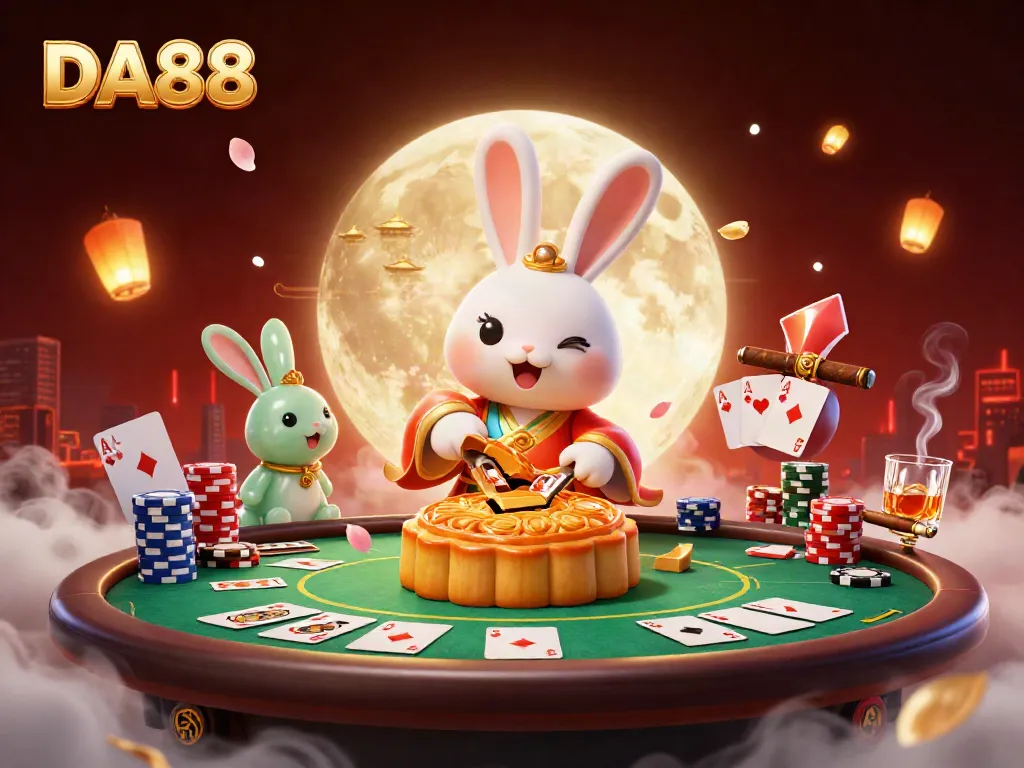 Experience the excitement of DA88 with a moon rabbit pounding mooncakes releasing poker chips in a vibrant casino atmosphere.