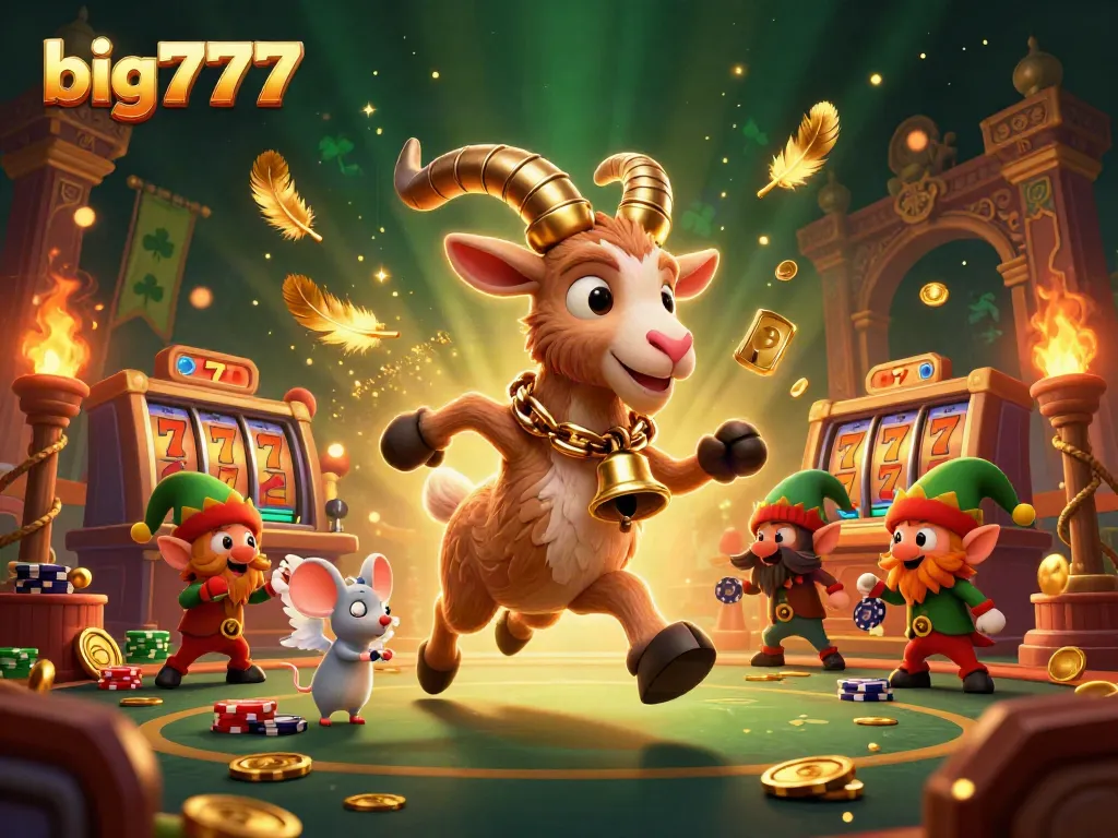 big777-themed holiday-horror casino illustration with Krampus, angel mouse, and greedy elf gremlins