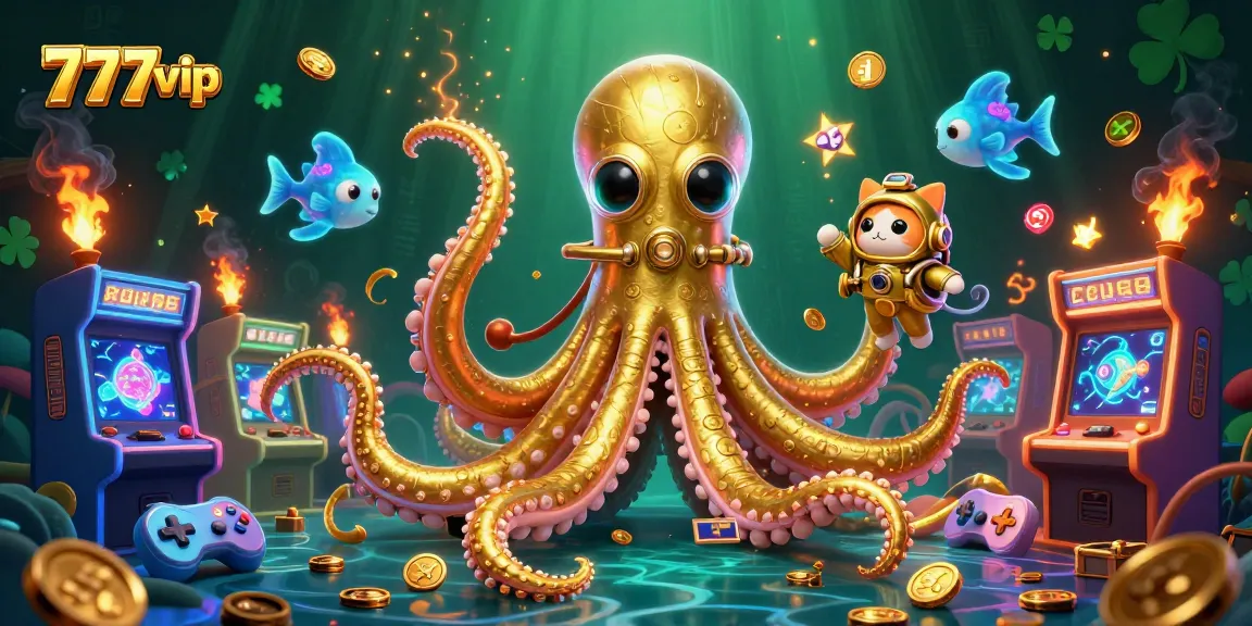 Experience the thrill of 777vip gaming with a vibrant 3D scene of a kraken, diving cat, and luminous fish.