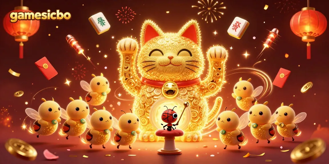 Experience the excitement of gamesicbo with dynamic casino symbols and a giant lucky cat in a vivid illustration.
