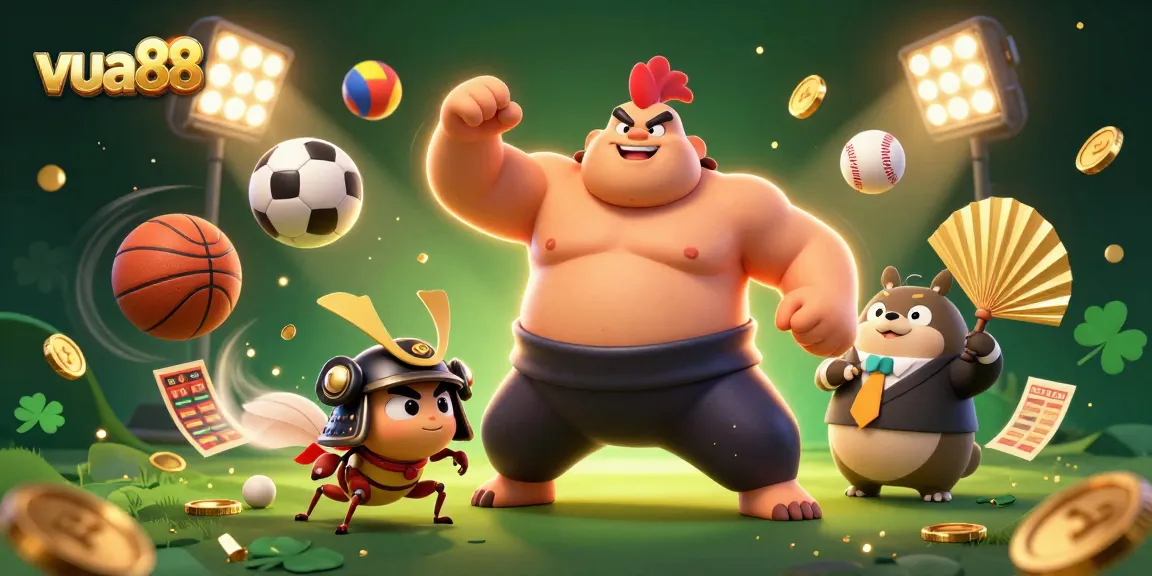 Place your bets with vua88 in this vibrant, action-packed 3D casino illustration featuring dynamic game elements.