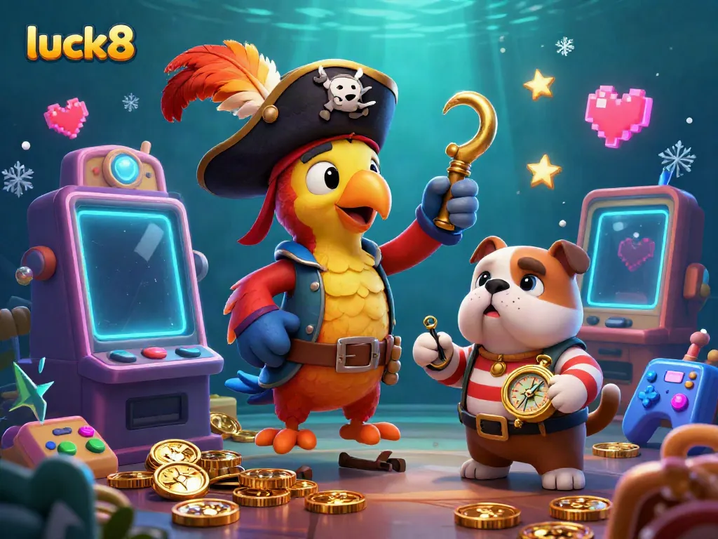 Experience the excitement of luck8 with a vibrant 3D casino scene featuring a pirate captain parrot and colorful slot machines.