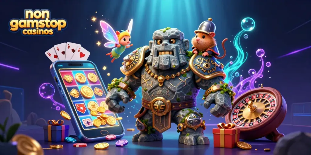 Experience exciting gameplay at non gamstop casinos with a magical scene filled with vibrant casino elements.