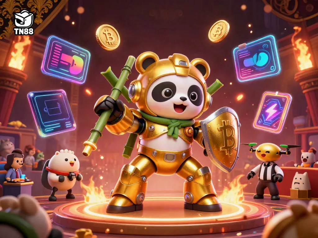 Engage with TN88's vibrant casino arena, showcasing a mech-suit panda amidst interactive gaming elements.