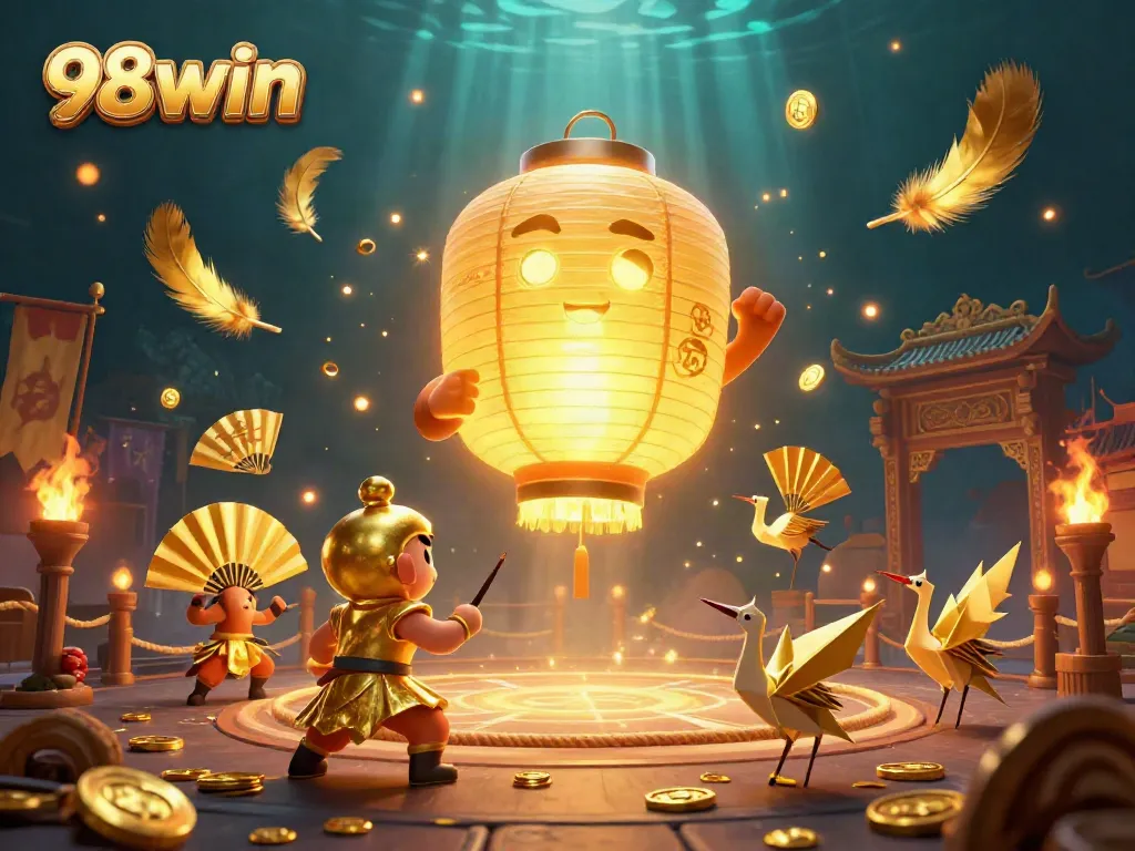 Engage with 98win's dynamic casino scene featuring a glowing lantern spirit and paper fan warriors.