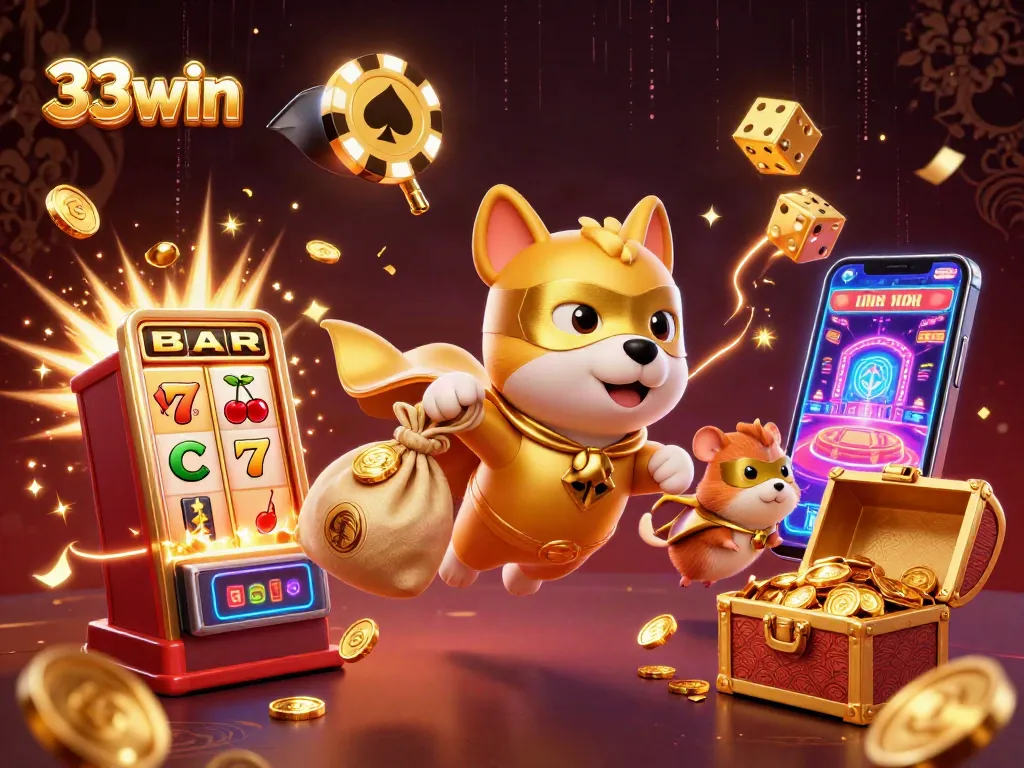 Engage in thrilling action at 33win featuring a superhero dog with gold coins and casino elements.