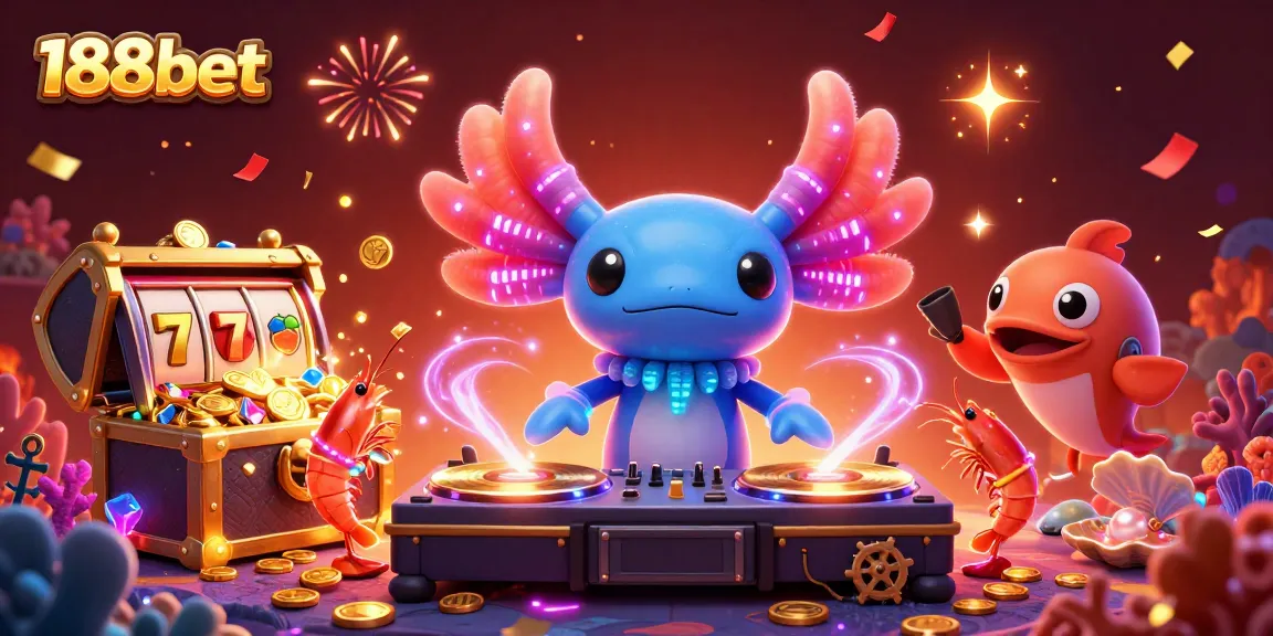 Engage in thrilling slot games with 188bet's vibrant casino scene featuring a DJ and playful sea creatures.