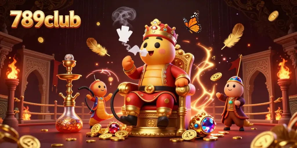 Experience the thrill of 789club with a vibrant 3D illustration showcasing poker elements, golden coins, and a unique caterpillar character.