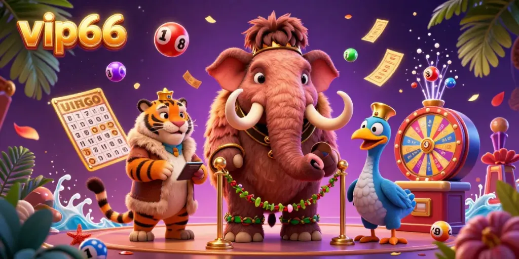 Engage in winning with vip66 at a vibrant casino featuring a mammoth bouncer, tiger VIP guest, and lively lottery elements.