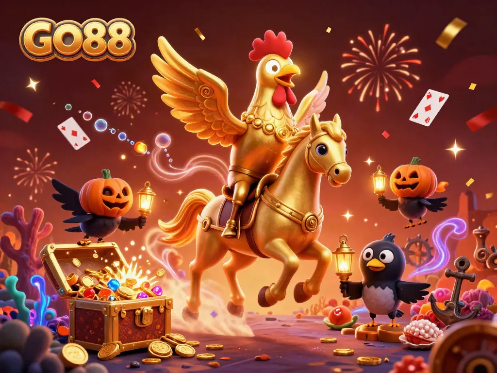 Experience the thrill of gaming at GO88 with a vibrant casino illustration featuring a golden rooster and magical elements.