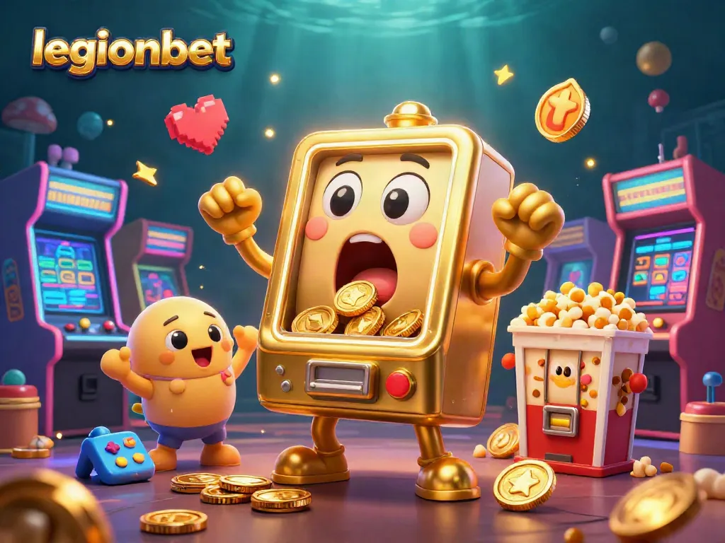 Experience legionbet excitement where a golden slot machine hits the jackpot amidst cheering smaller machines.