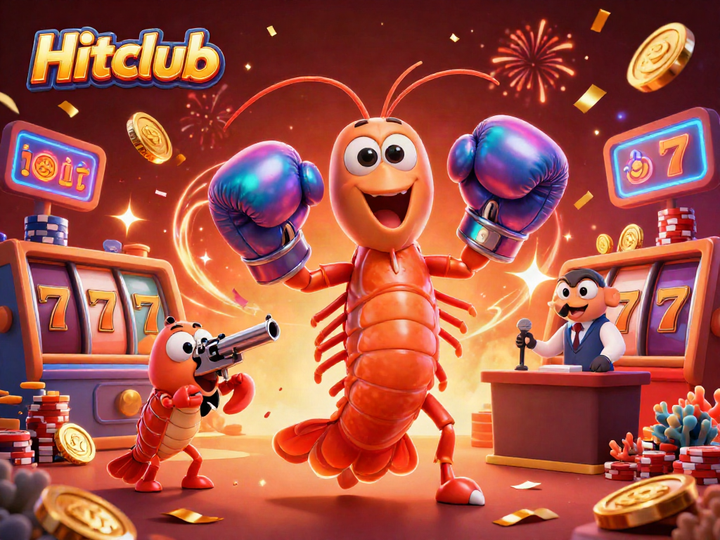 Hitclub showcases vibrant casino action with cartoon mantis shrimp and slot reels, embodying exciting gameplay.