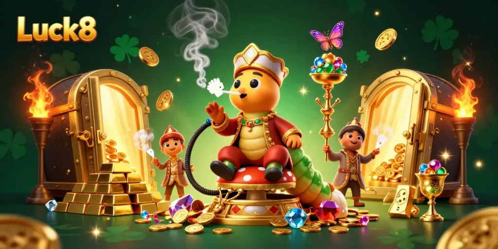 Experience Luck8 with a vibrant scene of an enormous caterpillar hookah-master among treasure and cards.