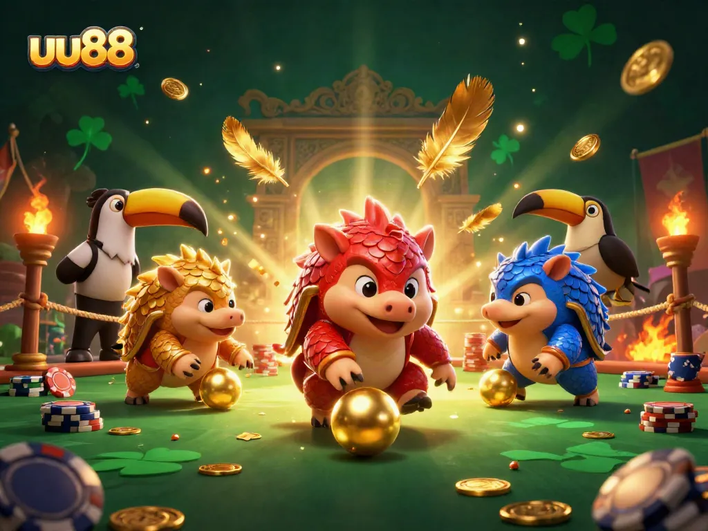 uu88 pangolins competing in a lively casino setting, rolling golden balls among poker chips.