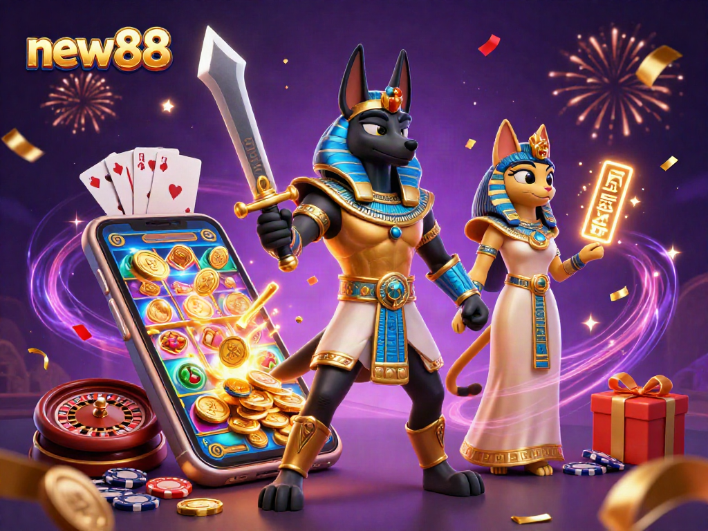 Spin the reels with new88's thrilling ancient Egyptian-themed 3D casino illustration.