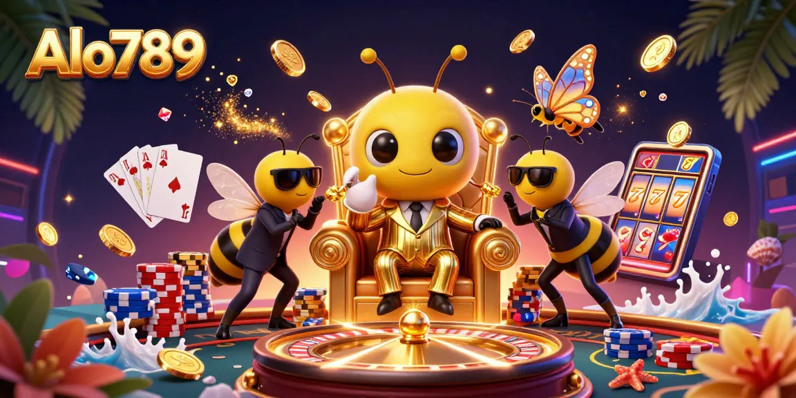 Alo789 features lively cartoon characters in a vibrant casino setting, showcasing fun gaming elements.