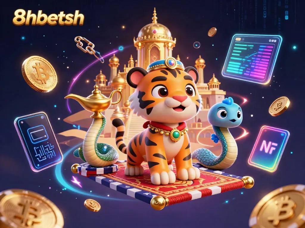 Experience the magic of online gaming with 8xbetsh, featuring a vibrant cartoon sultan and crypto elements.