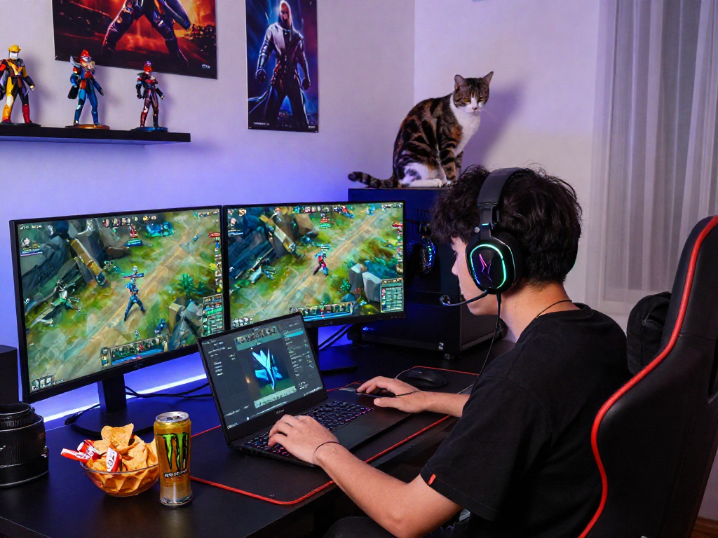 Engaged player in illuminated gaming setup with KOMBET168 game on screen, vibrant decor and snacks present.