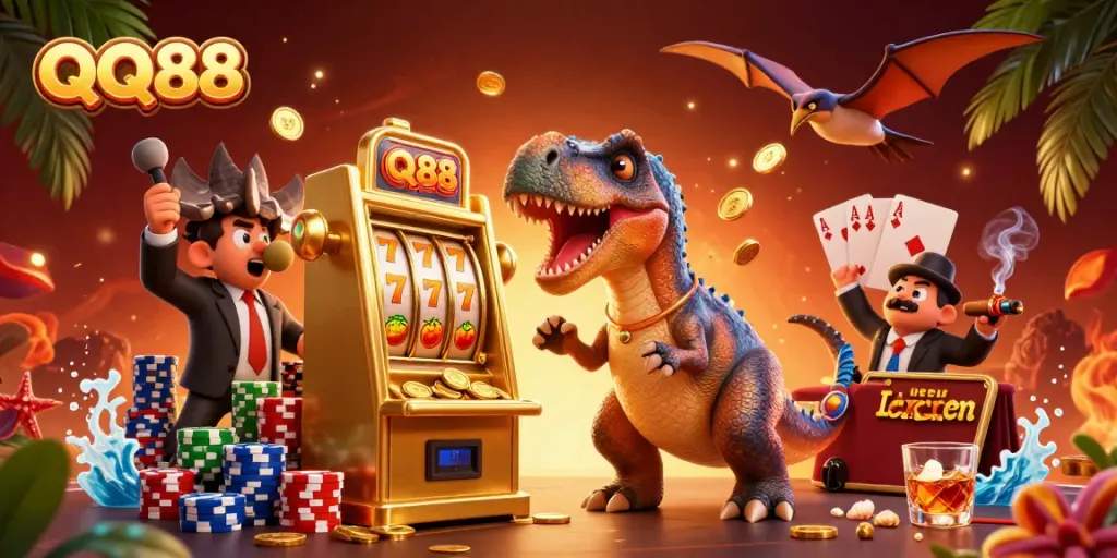 Experience thrilling wins at QQ88 with a pachycephalosaurus hitting a golden slot machine for jackpot coins.