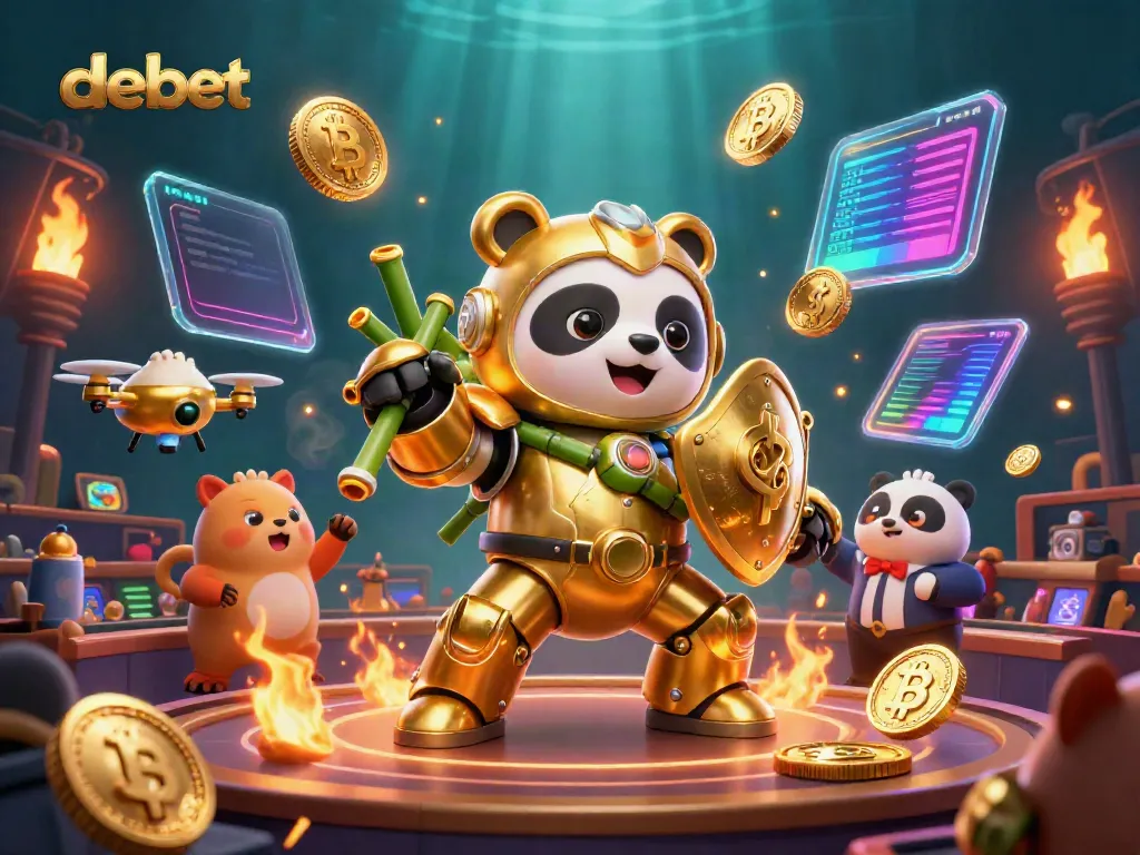 Engage with debet in an exhilarating 3D casino arena featuring a mech-suit panda and crypto elements.