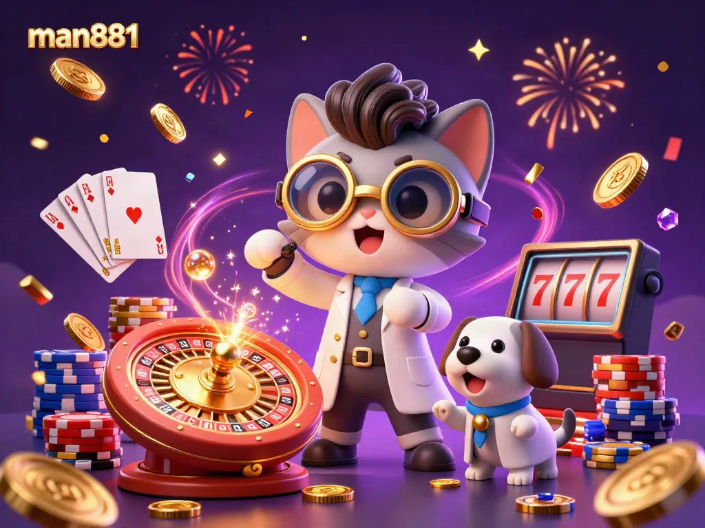 Experience the thrill of man881 with a mad scientist cat and dog in a casino-inspired scene full of excitement.